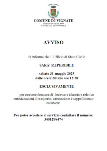Reperibilità Ufficio di Stato Civile sabato 31 maggio